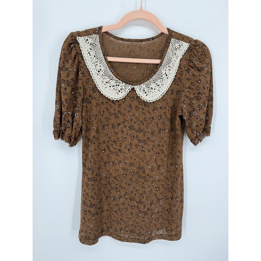 Floral Blouse Women M Brown Crochet Lace Collar Puff Sleeve Top Cottagecore